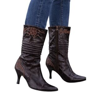 Vintage Leather Western Boots Women Sz 7 Brown Mid Calf Zip Heeled Embroidered